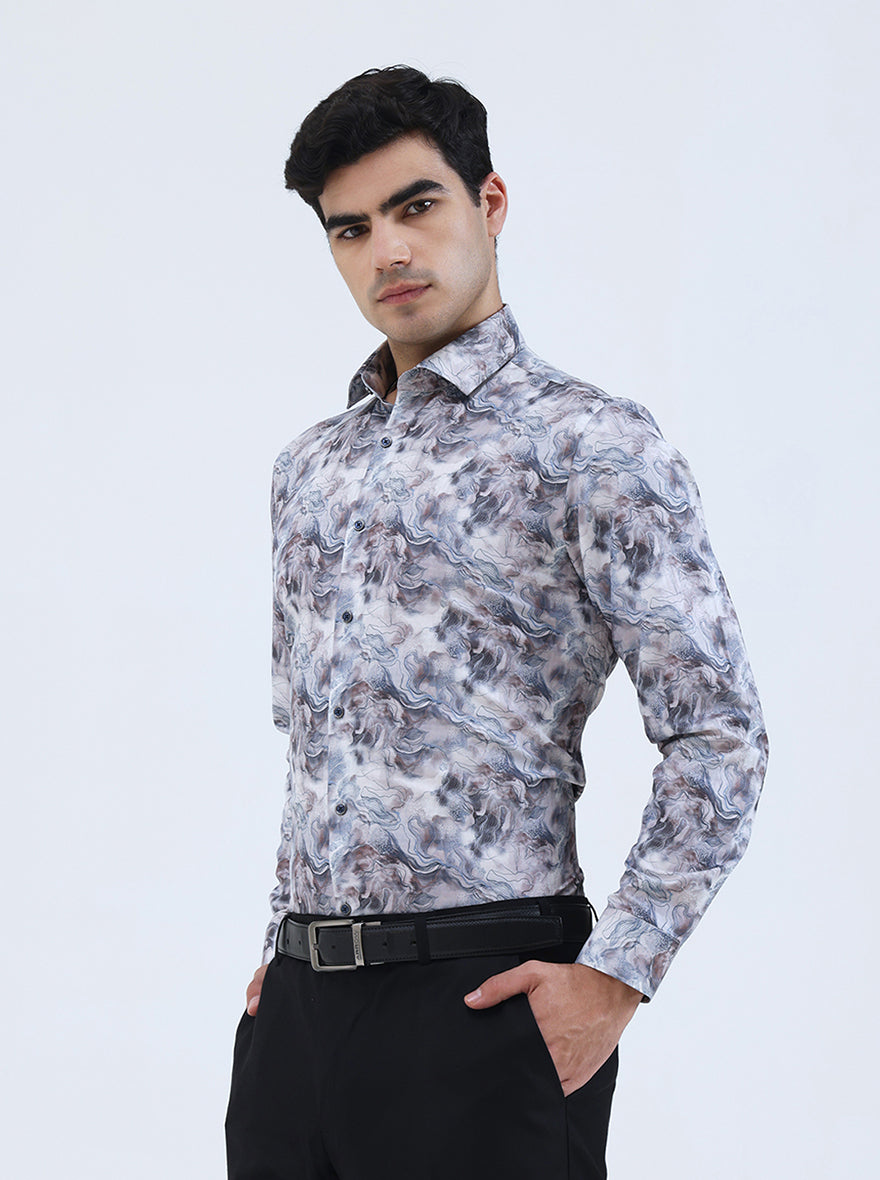 Cream & Brown Printed Slim Fit Party Wear Shirt | Greenfibre