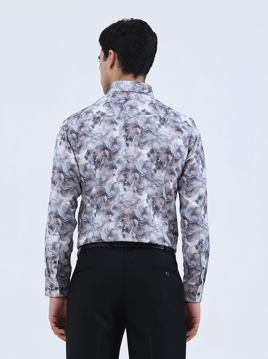 Cream & Brown Printed Slim Fit Party Wear Shirt | Greenfibre