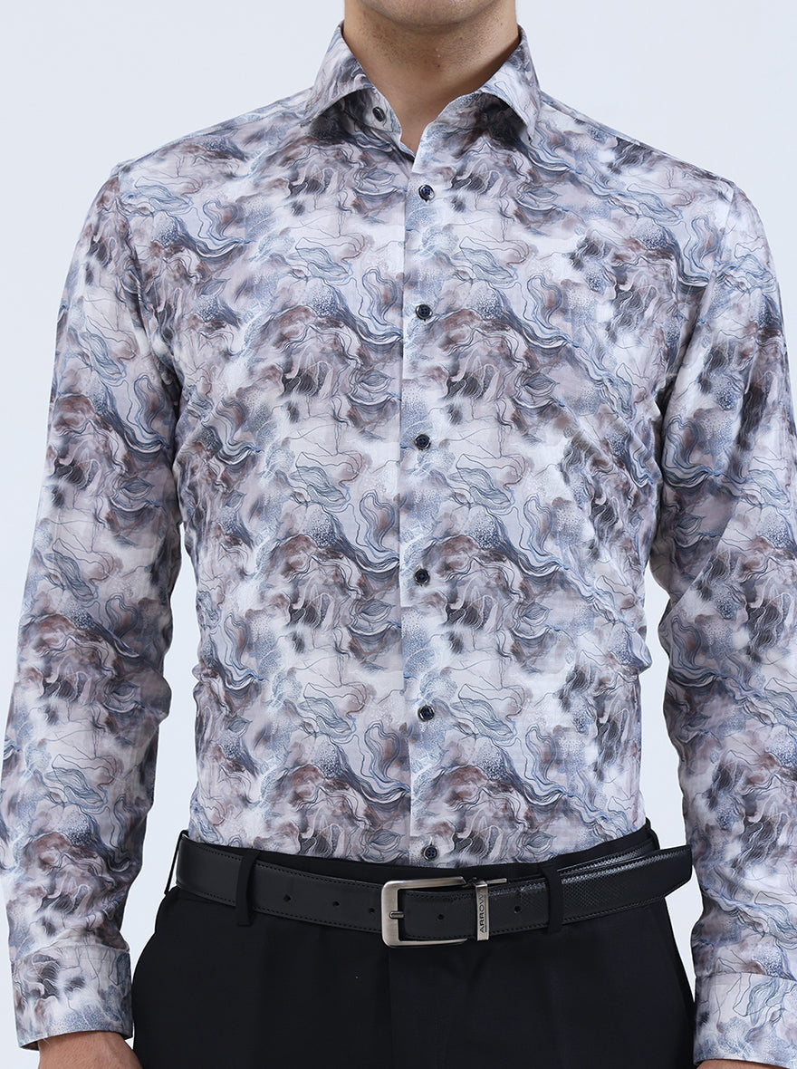 Cream & Brown Printed Slim Fit Party Wear Shirt | Greenfibre