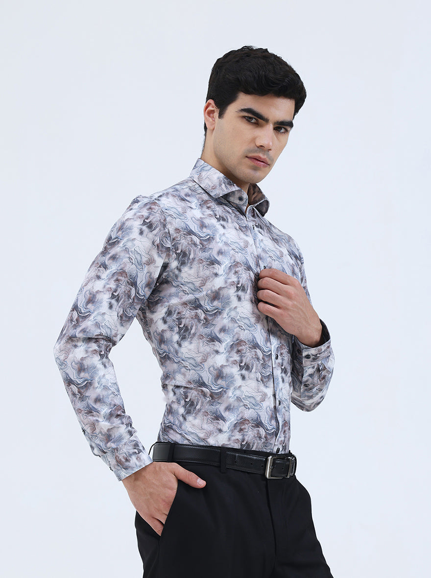 Cream & Brown Printed Slim Fit Party Wear Shirt | Greenfibre
