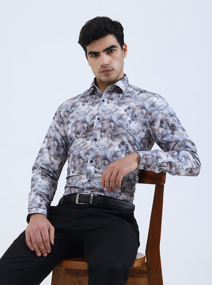 Cream & Brown Printed Slim Fit Party Wear Shirt | Greenfibre