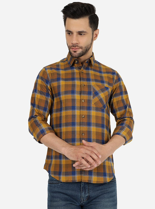 Yellow & Blue Checked Slim Fit Casual Shirt | Greenfibre