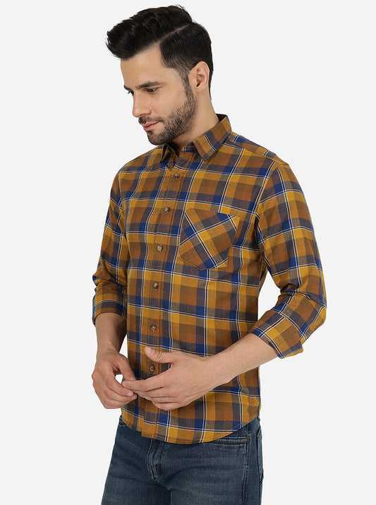 Yellow & Blue Checked Slim Fit Casual Shirt | Greenfibre