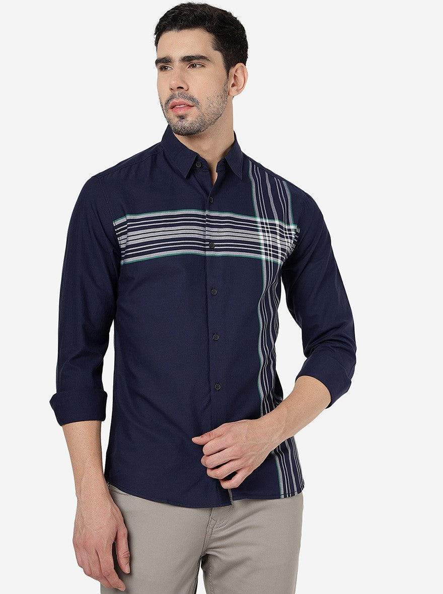 Navy Blue Striped Slim Fit Casual Shirt | Greenfibre