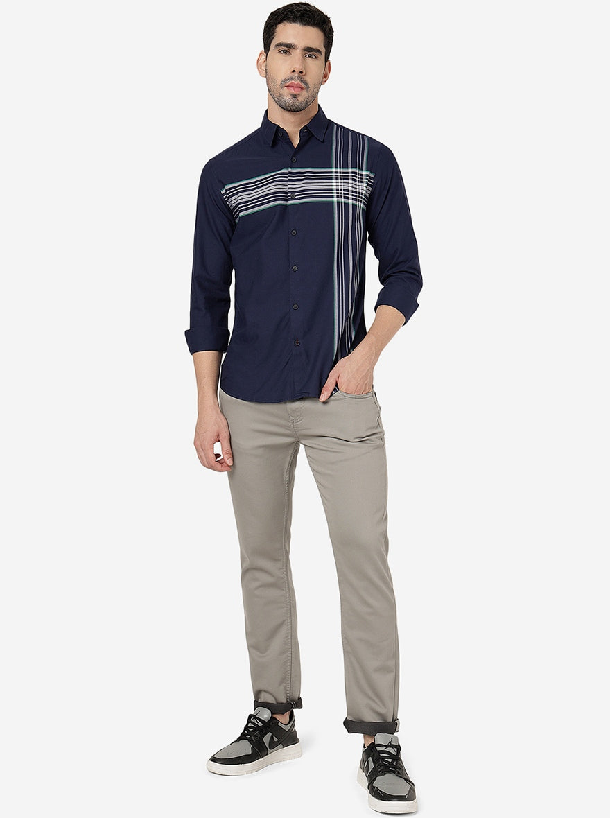 Navy Blue Striped Slim Fit Casual Shirt | Greenfibre