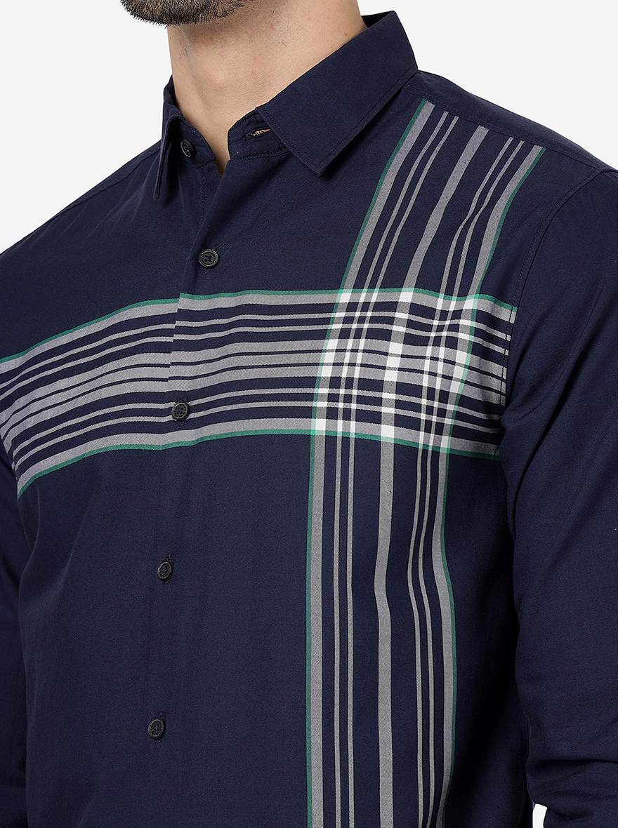 Navy Blue Striped Slim Fit Casual Shirt | Greenfibre