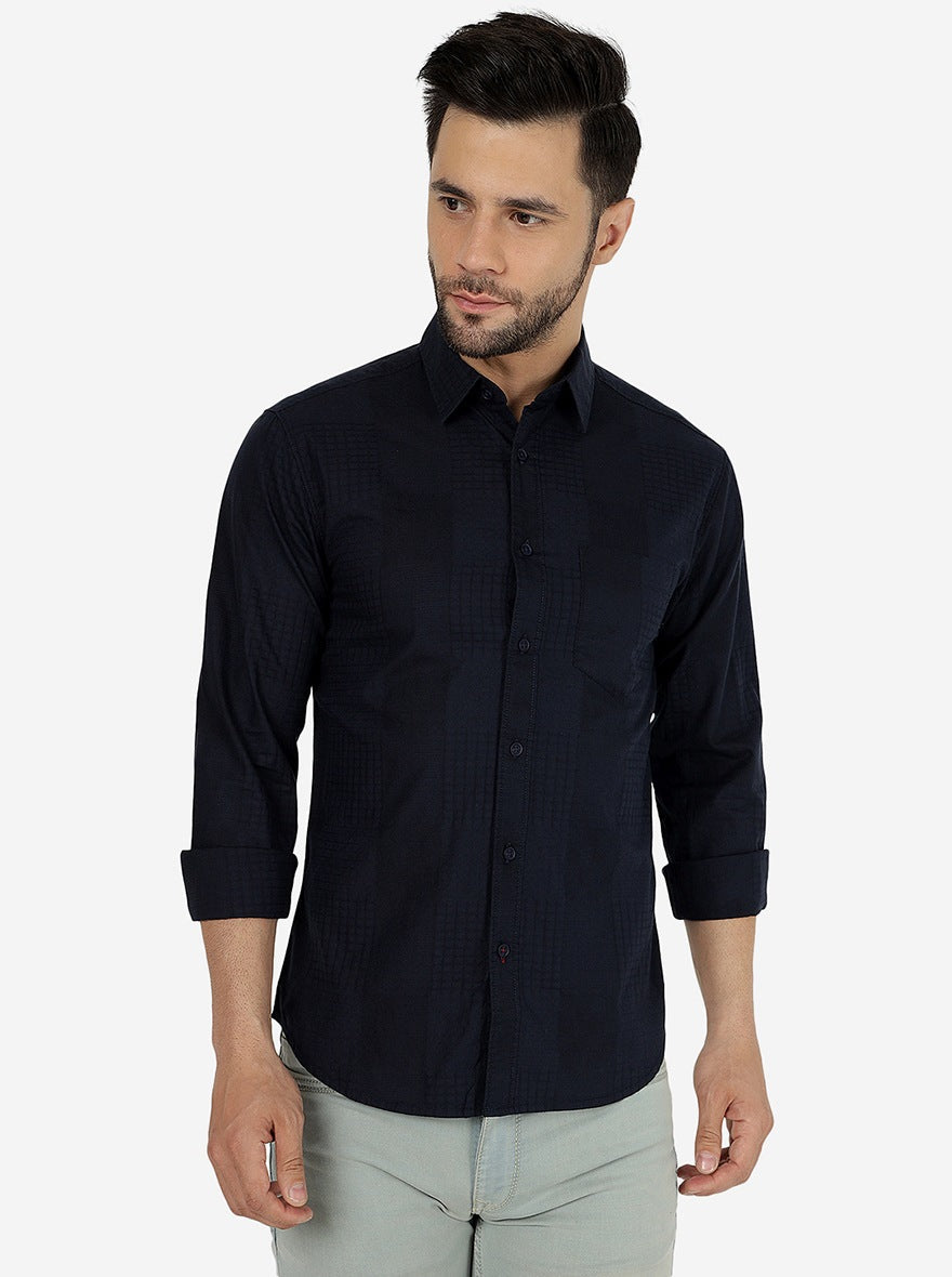 Navy Blue Solid Slim Fit Casual Shirt | Greenfibre