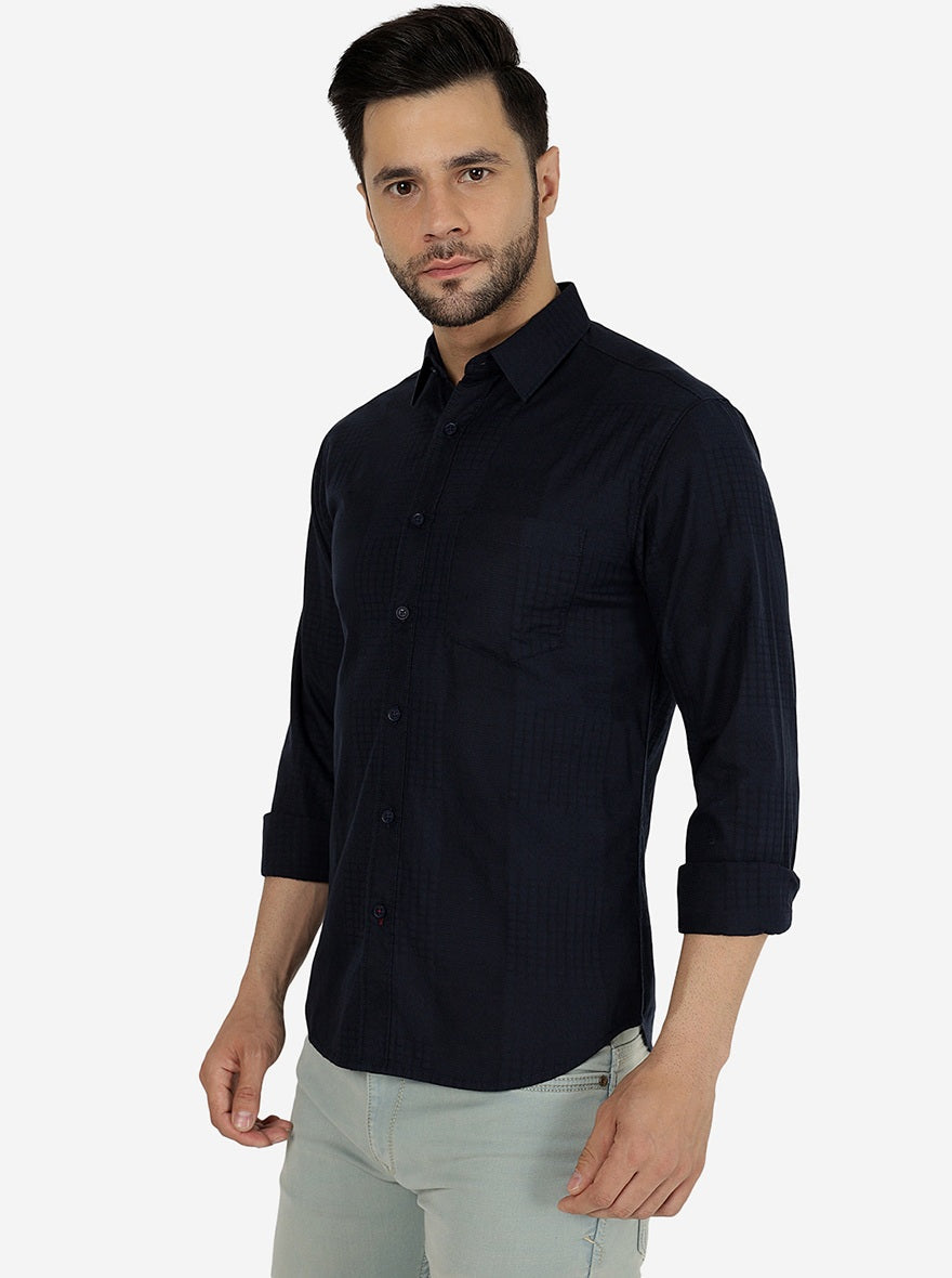 Navy Blue Solid Slim Fit Casual Shirt | Greenfibre