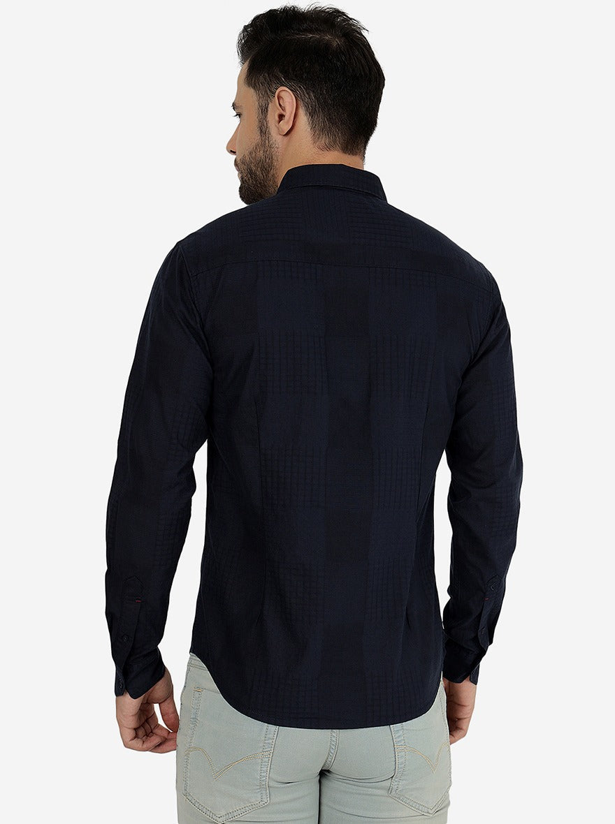 Navy Blue Solid Slim Fit Casual Shirt | Greenfibre