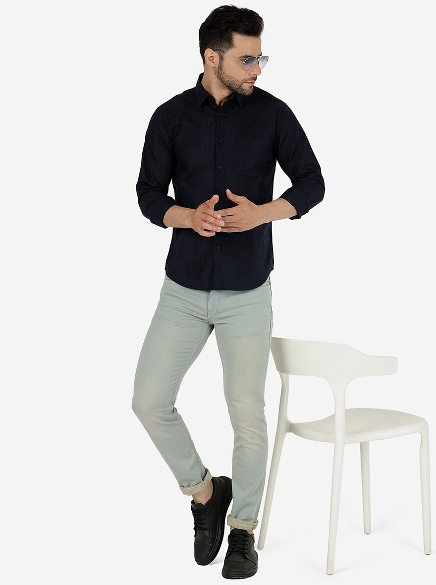 Navy Blue Solid Slim Fit Casual Shirt | Greenfibre