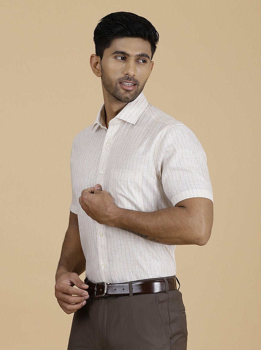 Beige Striped Slim Fit Formal Shirt | Greenfibre