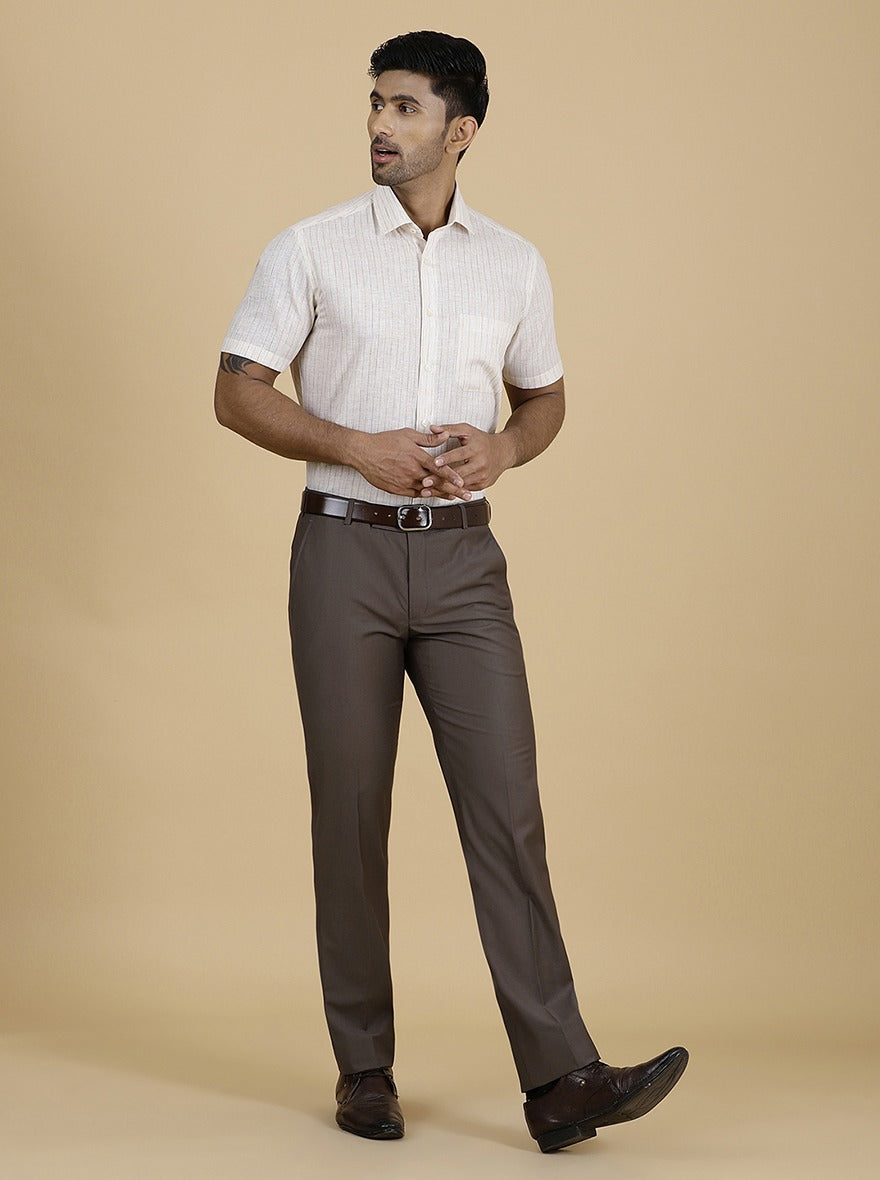 Beige Striped Slim Fit Formal Shirt | Greenfibre