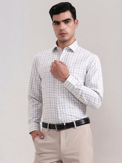Green & Fawn Checked Slim Fit Formal Shirt | Greenfibre