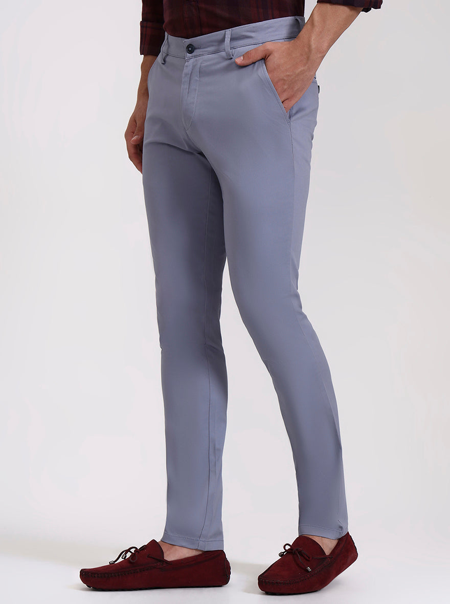 Light Blue Solid Super Slim Fit Casual Trouser | Greenfibre
