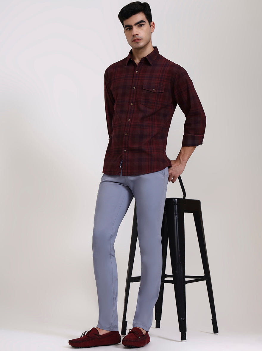 Light Blue Solid Super Slim Fit Casual Trouser | Greenfibre