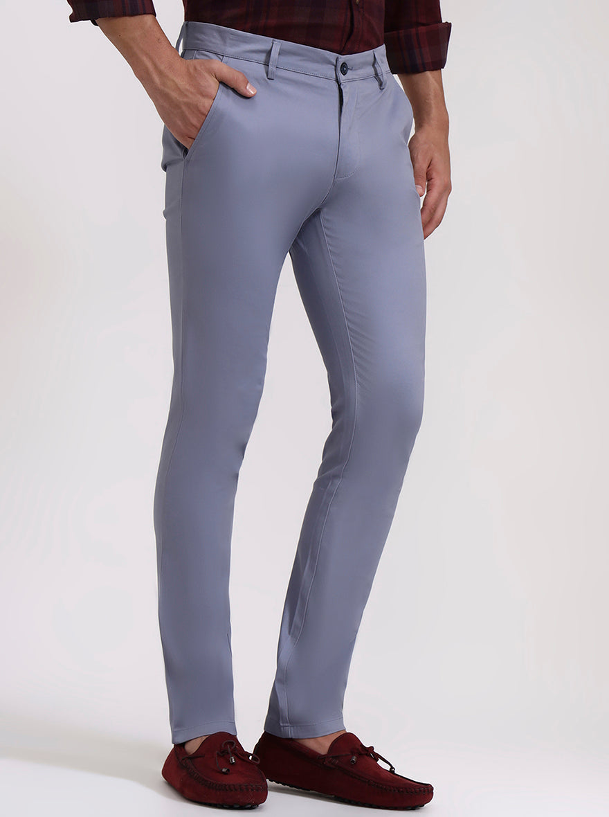 Light Blue Solid Super Slim Fit Casual Trouser | Greenfibre