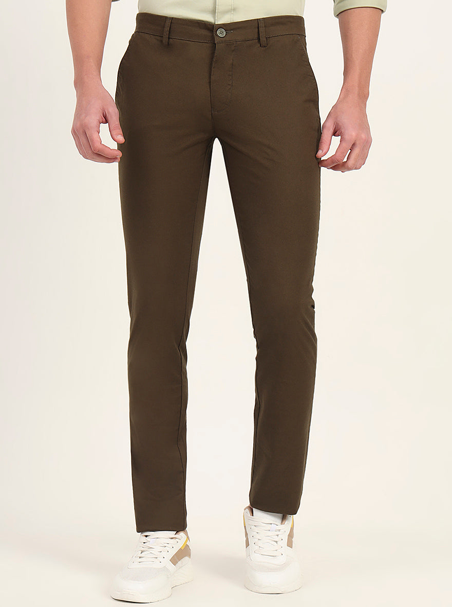 Olive Brown Solid Super Slim Fit Casual Trouser | Greenfibre