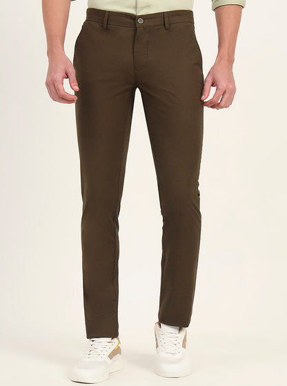 Olive Brown Solid Super Slim Fit Casual Trouser | Greenfibre