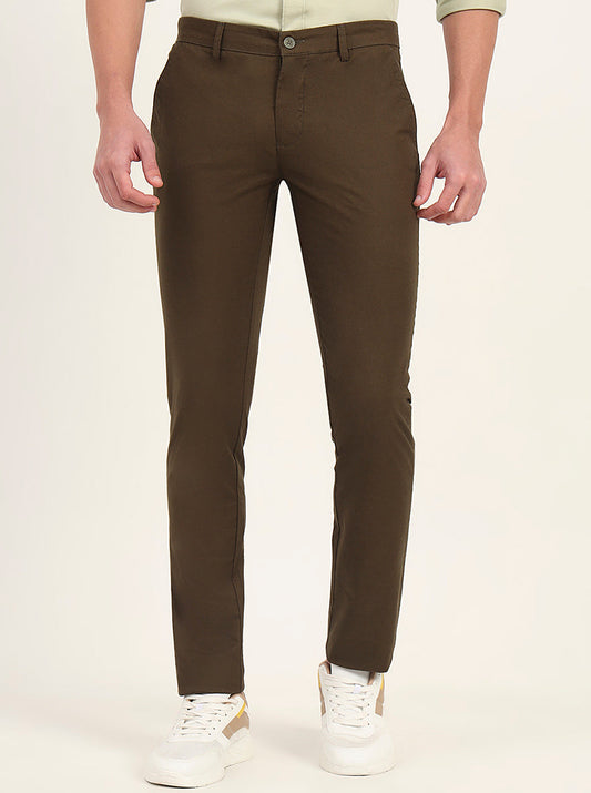 Olive Brown Solid Super Slim Fit Casual Trouser | Greenfibre