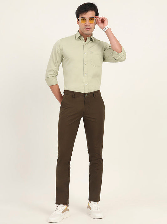 Olive Brown Solid Super Slim Fit Casual Trouser | Greenfibre