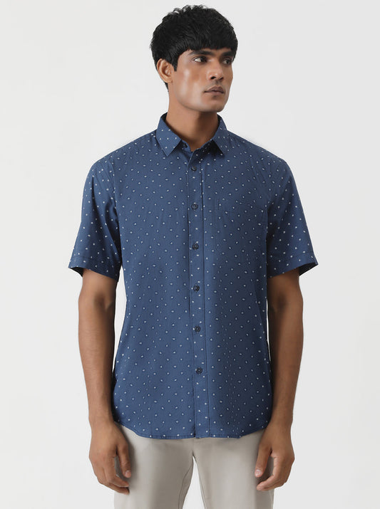 Navy Blue Printed Smart Fit Semi Casual Shirt | Greenfibre