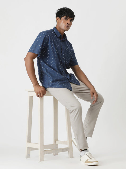 Navy Blue Printed Smart Fit Semi Casual Shirt | Greenfibre