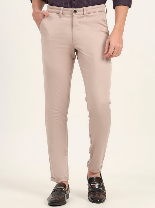 Beige Solid Slim Fit Casual Trouser | Greenfibre