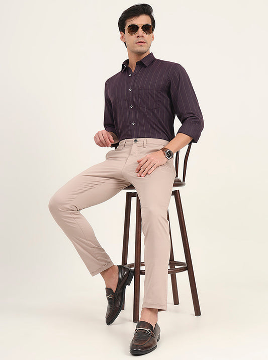 Beige Solid Slim Fit Casual Trouser | Greenfibre