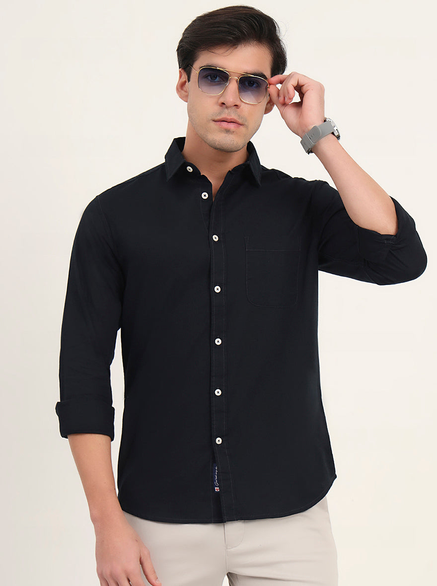 Navy Blue Solid Slim Fit Casual Shirt | Greenfibre