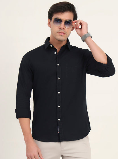 Navy Blue Solid Slim Fit Casual Shirt | Greenfibre