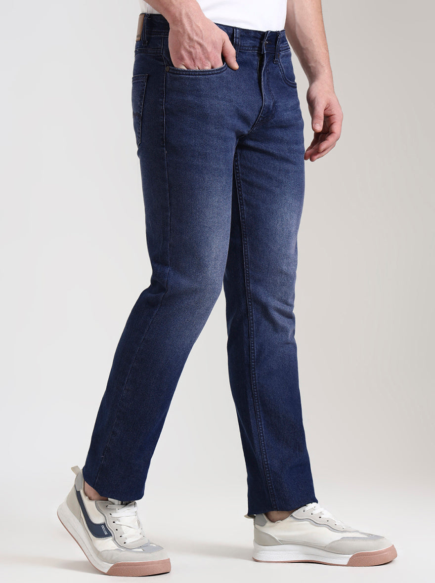 Dark Indigo Blue Washed Straight Fit Jeans | Greenfibre