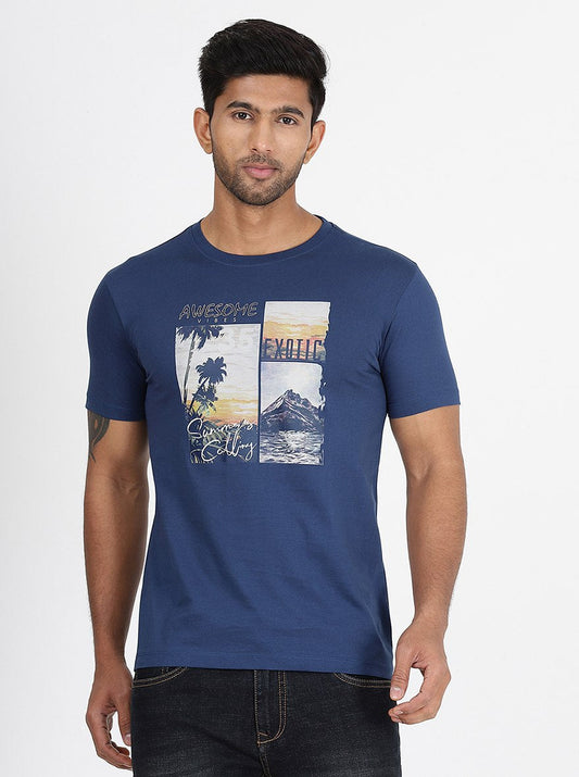 Blue Printed Slim Fit T-Shirt | Greenfibre