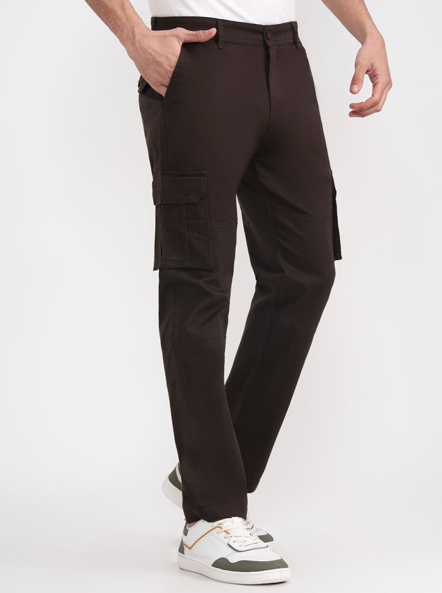 Dark Olive Brown Solid Slim Fit Cargo Pant | Greenfibre