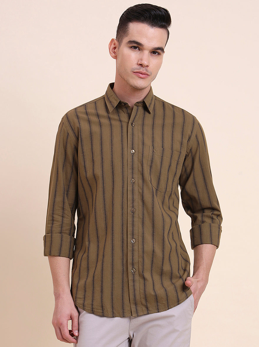 Olive Brown Striped Smart Fit Semi Casual Shirt | Greenfibre