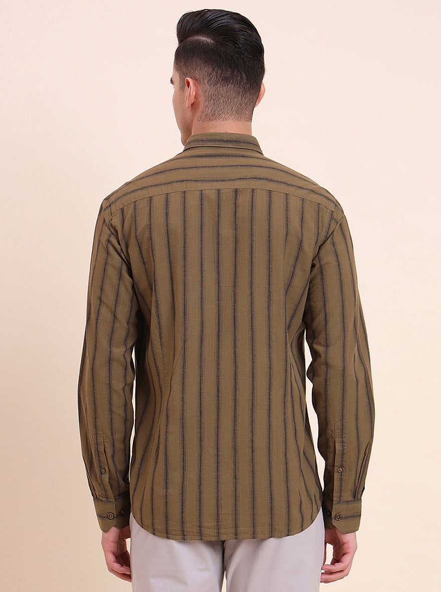 Olive Brown Striped Smart Fit Semi Casual Shirt | Greenfibre