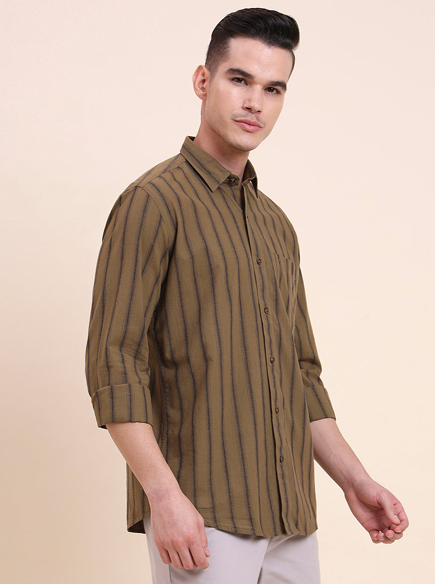 Olive Brown Striped Smart Fit Semi Casual Shirt | Greenfibre