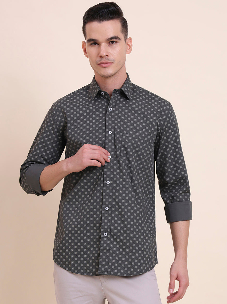 Dark Grey Printed Smart Fit Semi Casual Shirt | Greenfibre
