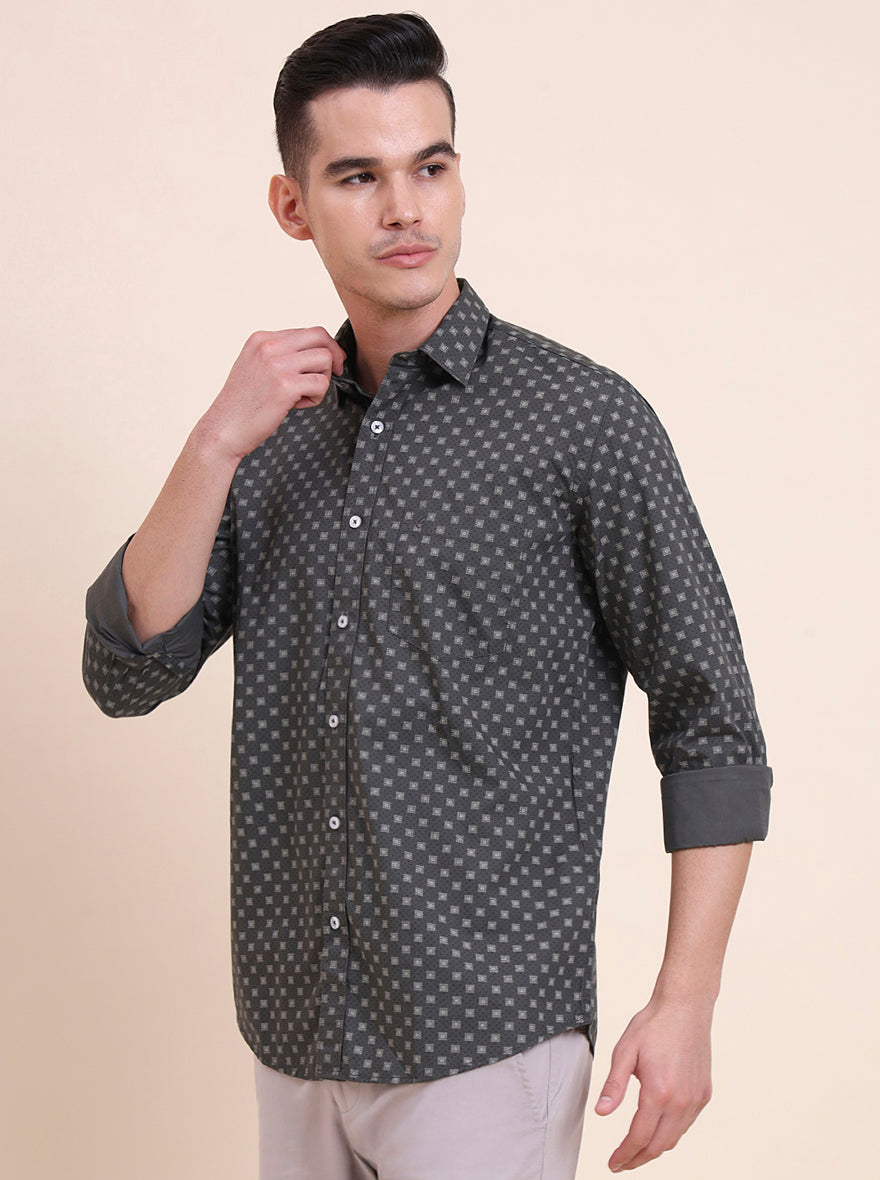 Dark Grey Printed Smart Fit Semi Casual Shirt | Greenfibre