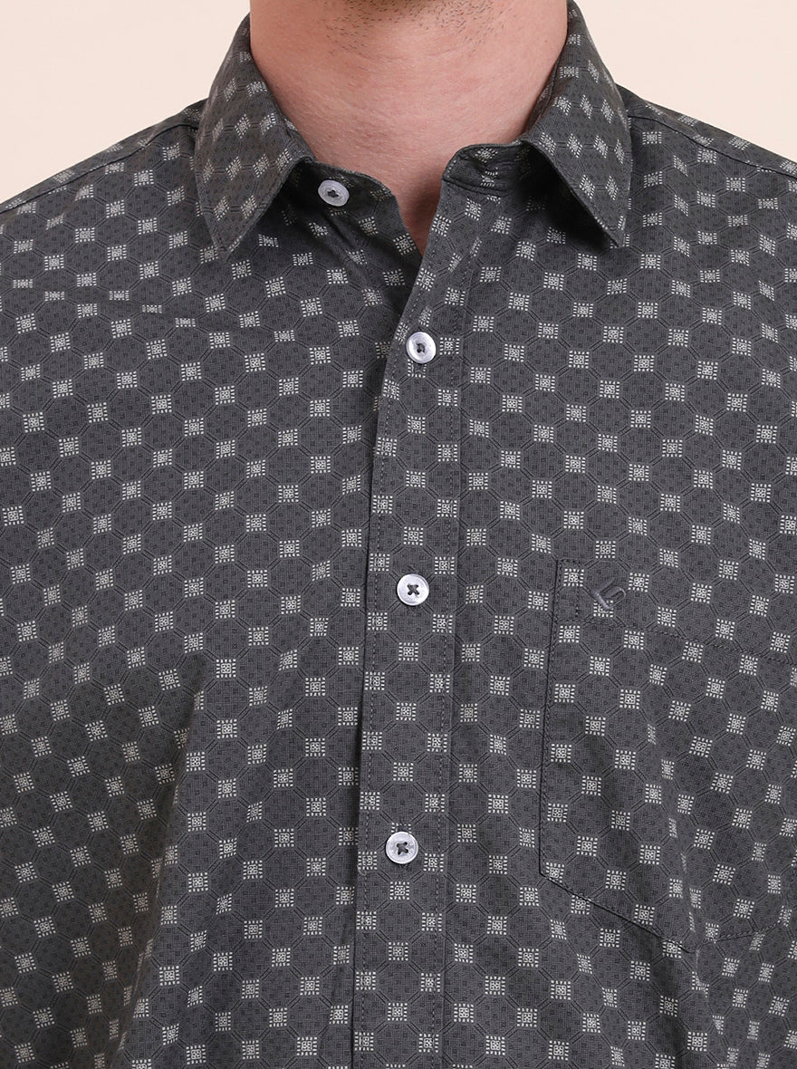 Dark Grey Printed Smart Fit Semi Casual Shirt | Greenfibre