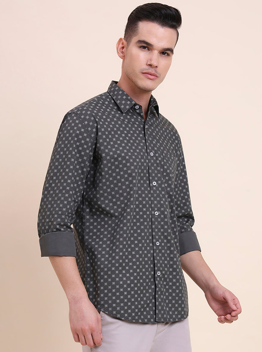 Dark Grey Printed Smart Fit Semi Casual Shirt | Greenfibre