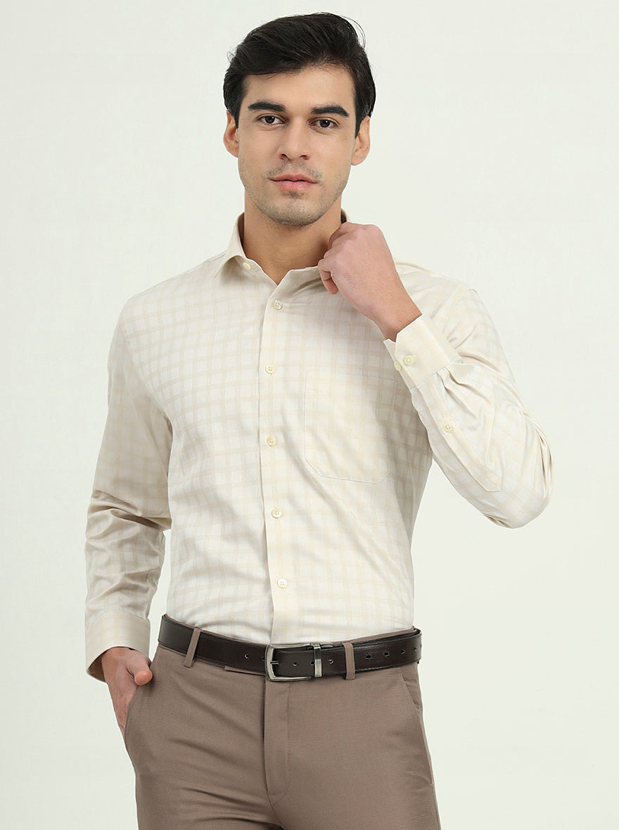 Cream Checked Regular Fit Formal Shirt | Greenfire