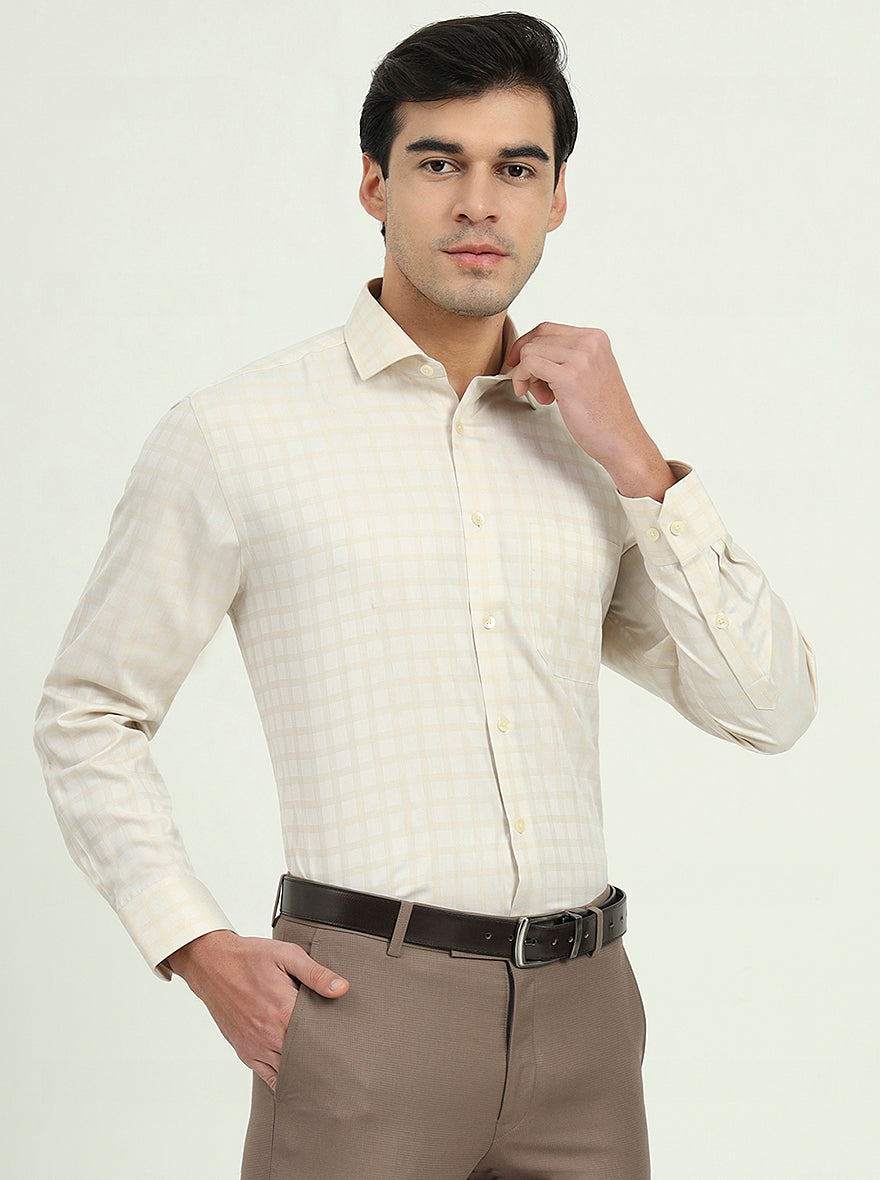 Cream Checked Regular Fit Formal Shirt | Greenfire