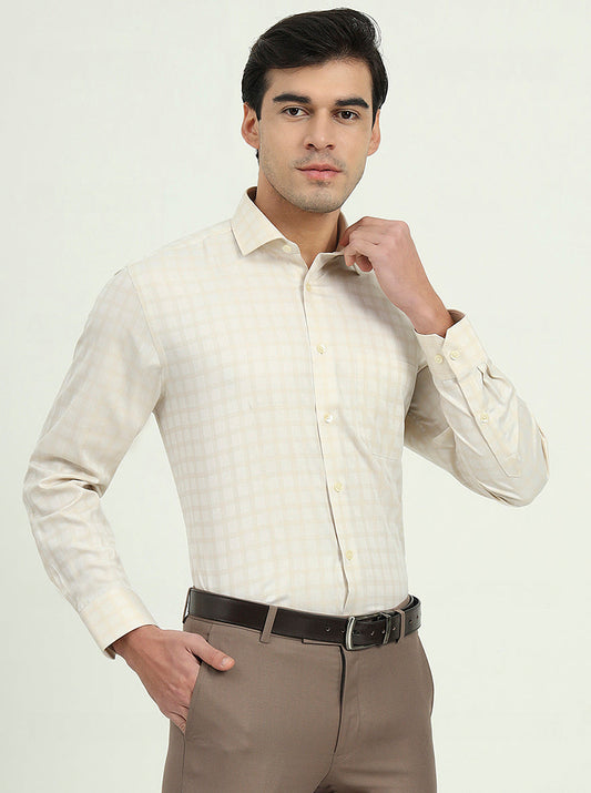 Cream Checked Regular Fit Formal Shirt | Greenfire