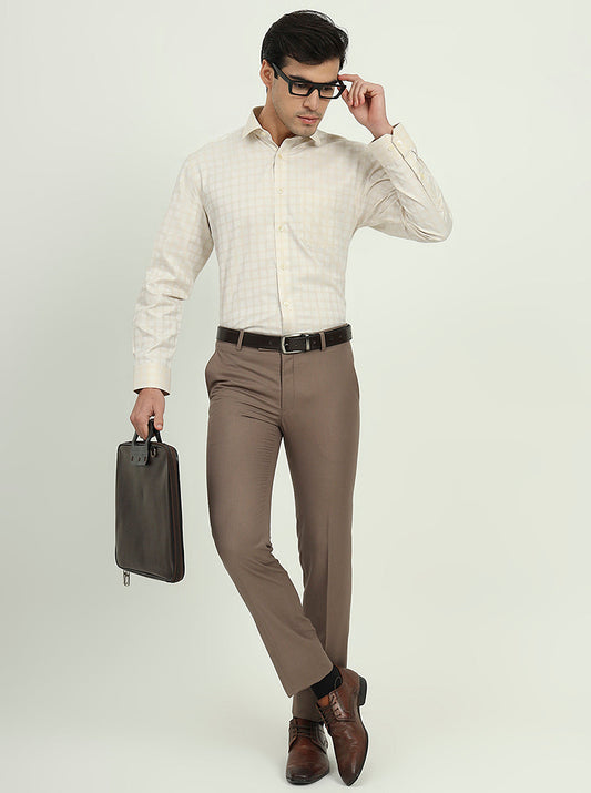 Cream Checked Regular Fit Formal Shirt | Greenfire