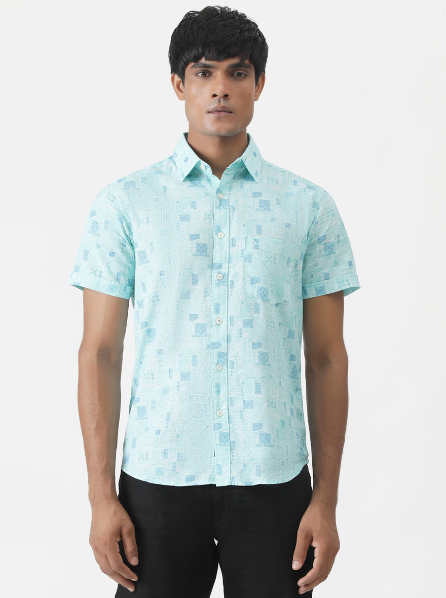 Sky Blue Printed Slim Fit Casual Shirt | Greenfibre