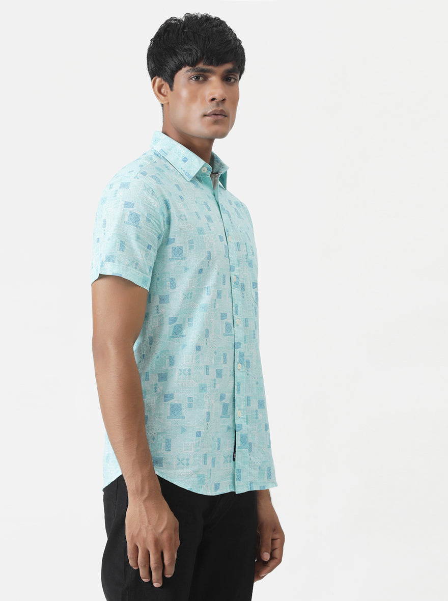 Sky Blue Printed Slim Fit Casual Shirt | Greenfibre