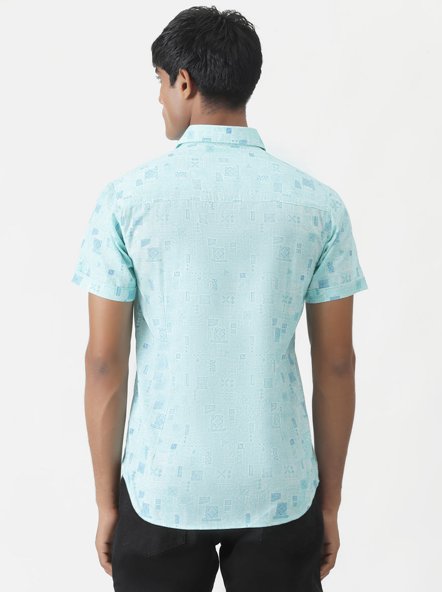 Sky Blue Printed Slim Fit Casual Shirt | Greenfibre