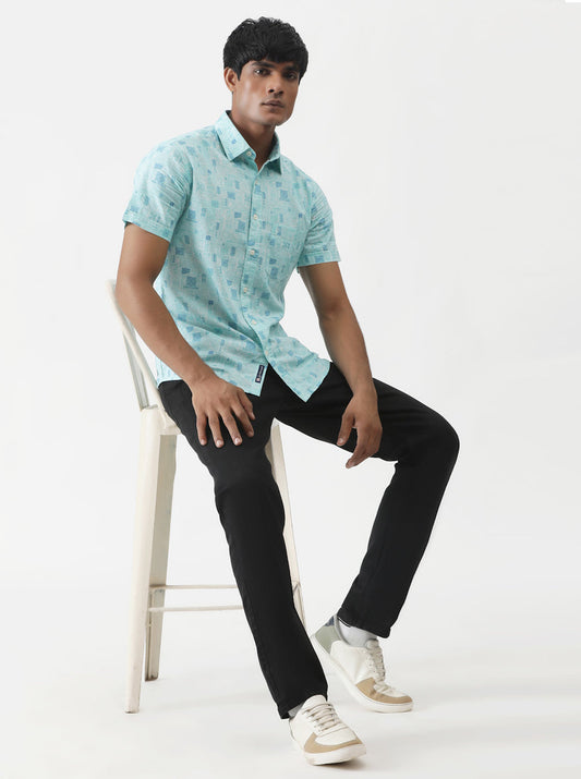 Sky Blue Printed Slim Fit Casual Shirt | Greenfibre