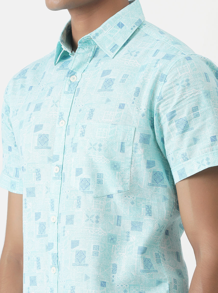 Sky Blue Printed Slim Fit Casual Shirt | Greenfibre