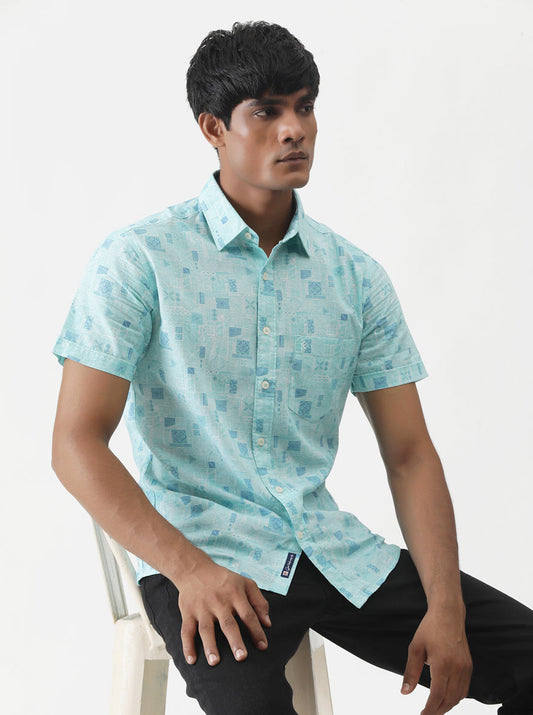 Sky Blue Printed Slim Fit Casual Shirt | Greenfibre